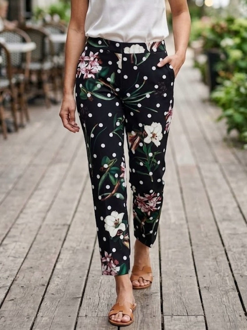 Joseph Ribkoff Floral Polka Dot Slim Leg Trousers Size 6 Lilly Tropical Luxury